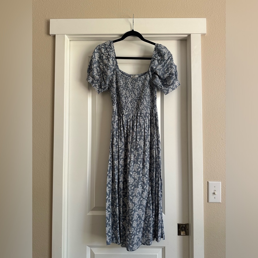 Puff Sleeves Blue Midi Dress